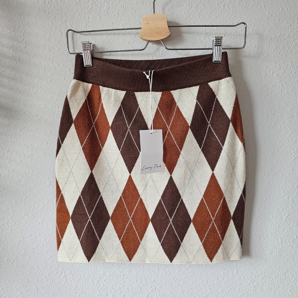 emory park Argyle Knit Mini Skirt - Brown & Cream